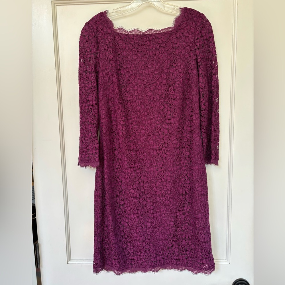 Adrianna Papell NEW Lace Mini Dress Purple Long Sleeve Scalloped Hem Womens 10